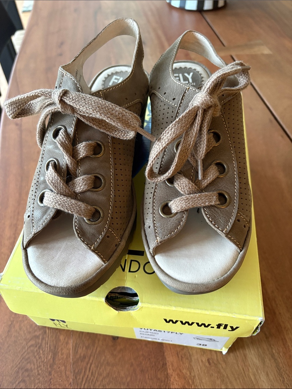 Fly London Kids Taupe Lace-Up Open Toe Sandals Size 38